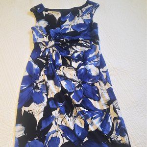 connected apparel Blue Black White Floral Midi Dress with Side Pleats Details
